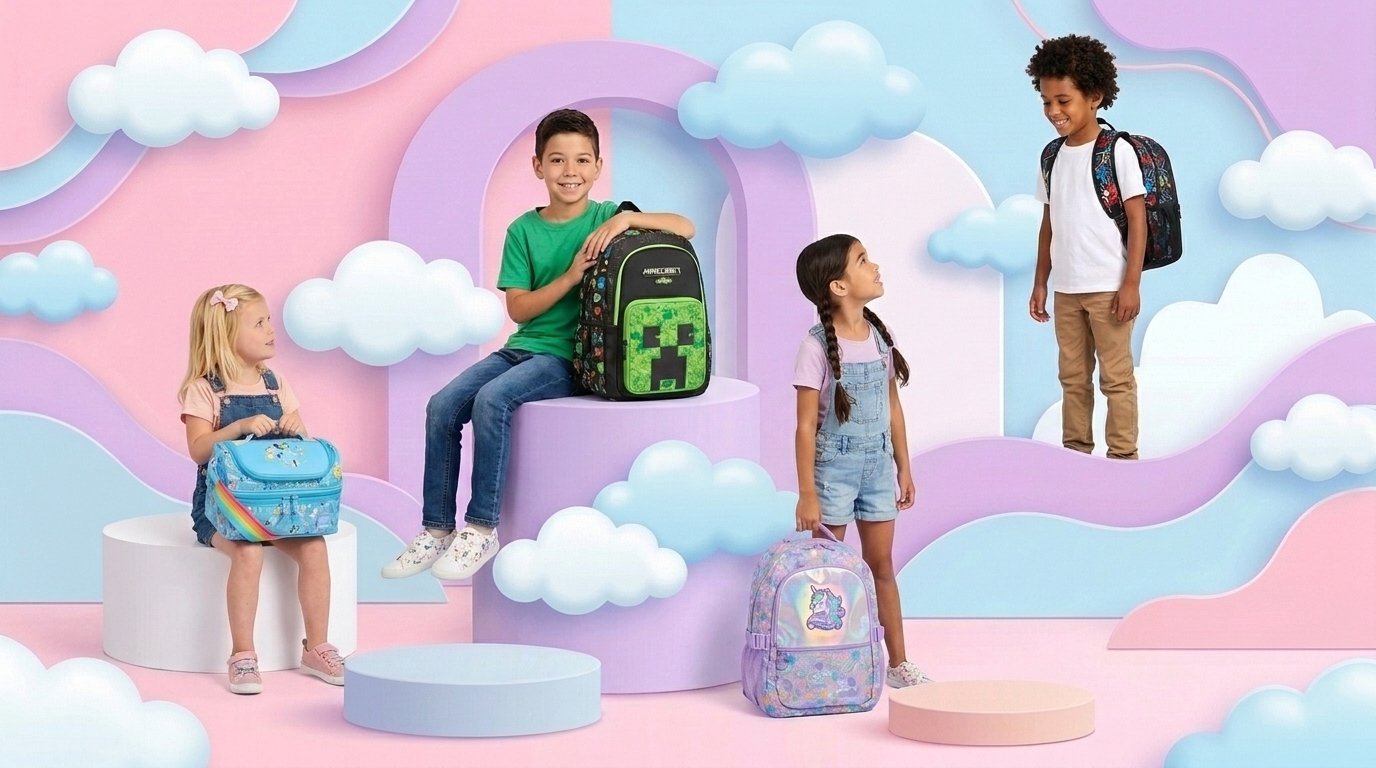 Kids posing with backpacks and lunch bags